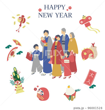 新年になり初詣帰りに初売りに向かう家族 96001528