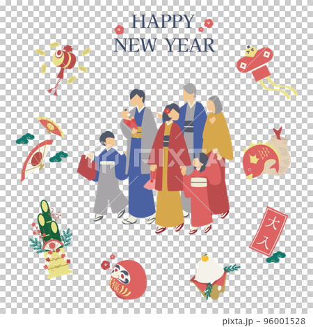 新年になり初詣帰りに初売りに向かう家族 96001528