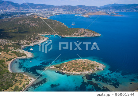 Aerial view of blue sea, islands, yachts along the mediterranean coast. Landscape of turkish riviera nature 96001544