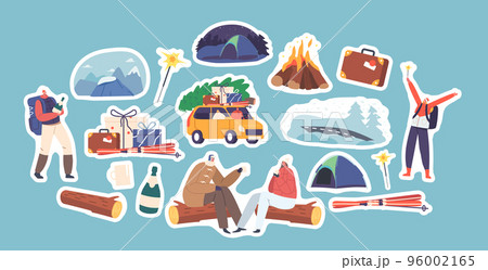 Set Stickers Couple Travel for Christmas Holidays, Male and Female Characters on Winter Vacation. Loving Man and Woman 96002165