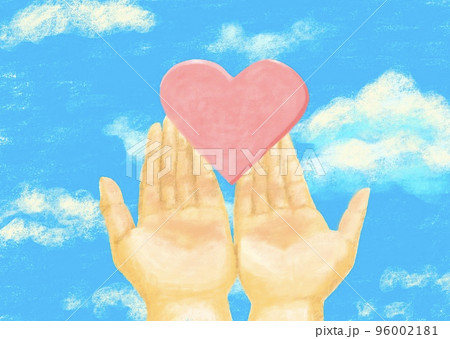 青空をバックに手からピンクのハートが浮いている背景素材 96002181