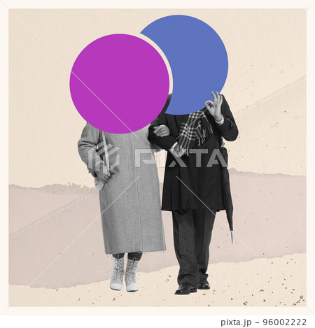 Contemporary art collage of retro couple going on pastel background with speech bubble, copy space. Concept of romance, proposal, love, relationship, creativity, imagination, inspiration, ad 96002222