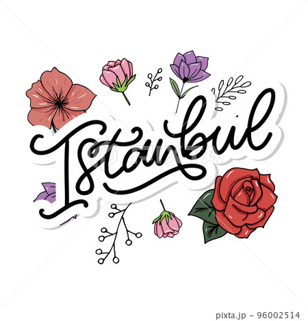 Istanbul. Hand lettering. Vector logo of Istanbul in black color with seagulls on white background. souvenir products, banner emblem, travel blog social media, brochure, flyer. Digital illustration. Istanbul. Hand lettering. Vector logo of Istanbul in black color with seagulls on white background. souvenir products, banner emblem, travel blog social media, brochure, flyer. Digital illustration. 96002514