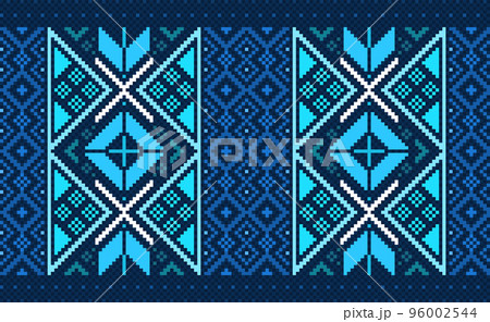 Embroidery ethnic pattern, Vector Geometric jacquard background, Cross stitch handcraft geometric style, Blue and white pattern zigzag repetitive, Design for textile, fabric, ceramic, curtain, sweater Embroidery ethnic pattern, Vector Geometric jacquard background, Cross stitch handcraft geometric style, Blue and white pattern zigzag repetitive, Design for textile, fabric, ceramic, curtain, sweater 96002544