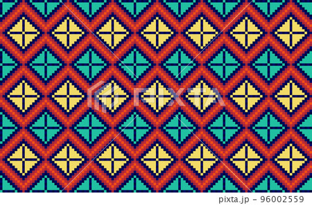 Pixel ethnic pattern, Vector embroidery ornament background, Geometric repetitive triangle style, Red and yellow pattern geometric continuous, Design for textile, fabric, art, tile, blankets Pixel ethnic pattern, Vector embroidery ornament background, Geometric repetitive triangle style, Red and yellow pattern geometric continuous, Design for textile, fabric, art, tile, blankets 96002559