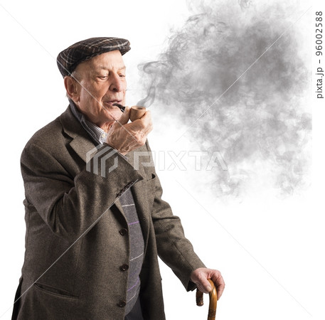 old man pipe tobacco Character Studies. smoking wearing coth cap. P044413 Stock Photo Durable Unique Old Man Head