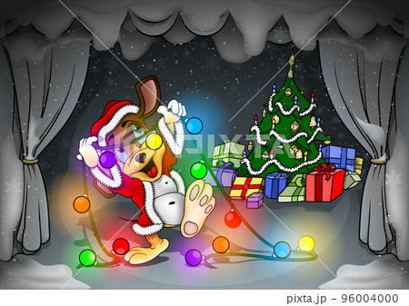 Snowy Theater Scene with a Doggy as Santa Claus 96004000