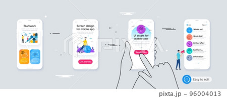 Set of Discount, Report and Anti-dandruff flakes line icons. Phone ui interface. Include Bitcoin coin, Balance, Blood icons. Puzzle, Chat, Inspect web elements. For web, application. Vector 96004013