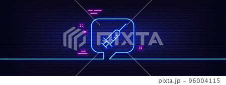 Neon light glow effect. Vaccine message line icon. Vaccination syringe sign. Jab symbol. 3d line neon glow icon. Brick wall banner. Vaccine message outline. Vector Neon light glow effect. Vaccine message line icon. Vaccination syringe sign. Jab symbol. 3d line neon glow icon. Brick wall banner. Vaccine message outline. Vector 96004115