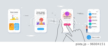 Horizontal chart, Touchscreen gesture and Boxes shelf minimal line icons. Phone ui interface. Exit, View document, Click hand icons. Water drop, Education, Dirty water web elements. Vector 96004151