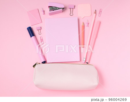 School and office supplies with pencil case on pink background, monochrome concept, mock-up top view 96004269