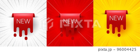 New offer ribbon banner. Flash offer banner, coupon or poster. Arrival red transition label. New offer flow tag icon. New ribbon promo banner. Retail marketing flyer. Starburst pop art. Vector 96004425