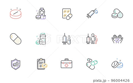 Medical drugs line icons. Healthcare, Prescription and Pill signs. Pharmacy drugs, recipe pill icons. Antibiotic capsule, syringe vaccination. Linear set. Bicolor outline web elements. Vector 96004426