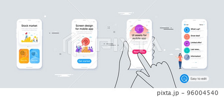 Innovation, Smile and Employees messenger minimal line icons. Phone ui interface. Time management, Food app, Rocket icons. Signing document, Romantic talk, Cardio training web elements. Vector 96004540