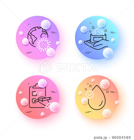 Coronavirus pandemic, Vitamin e and Skin care minimal line icons. 3d spheres or balls buttons. Checklist icons. For web, application, printing. Covid infection, Oil drop, Hand cream. Vector Coronavirus pandemic, Vitamin e and Skin care minimal line icons. 3d spheres or balls buttons. Checklist icons. For web, application, printing. Covid infection, Oil drop, Hand cream. Vector 96004589