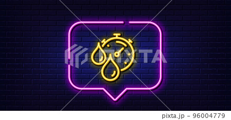 Neon light speech bubble. Paint drying time line icon. Timer with dye drops sign. Dry time symbol. Neon light background. Timer glow line. Brick wall banner. Vector 96004779