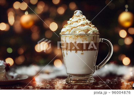 3d illustration of gingerbread latte in glass, whipped cream, side view, christmas ornaments, christmas mood, 96004876