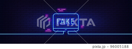 Neon light glow effect. Fake news line icon. Propaganda conspiracy tv sign. Wrong truth symbol. 3d line neon glow icon. Brick wall banner. Fake news outline. Vector 96005188