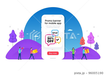 Sale 30 percent banner. Phone ui interface banner. Discount sticker shape. Coupon bubbles icon. Mobile smartphone promo banner. Sale 30 tag. Man with gift box. Vector 96005190