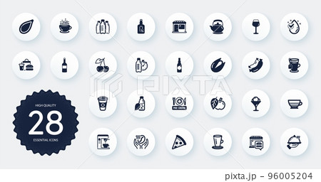 Set of Food and drink icons, such as Coffee, Apple and Takeaway coffee flat icons. Pre-order food, Bordeaux glass, Wine web elements. Restaurant food, Market, Water drop signs. Circle buttons. Vector 96005204
