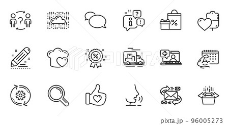 Outline set of Medical help, Like hand and Research line icons for web application. Talk, information, delivery truck outline icon. Include Love cooking, Cloud system, Delegate question icons. Vector Outline set of Medical help, Like hand and Research line icons for web application. Talk, information, delivery truck outline icon. Include Love cooking, Cloud system, Delegate question icons. Vector 96005273