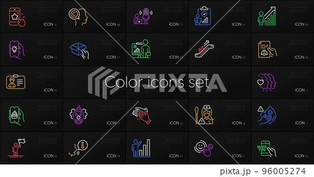 Set of Technical documentation, Education and Customer satisfaction line icons. Include Graph chart, Leadership, Escalator icons. Dirty mask, Identification card, Writer web elements. Vector 96005274