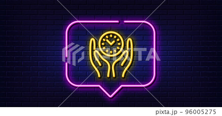 Neon light speech bubble. Safe time line icon. Clock sign. Office management symbol. Neon light background. Safe time glow line. Brick wall banner. Vector 96005275