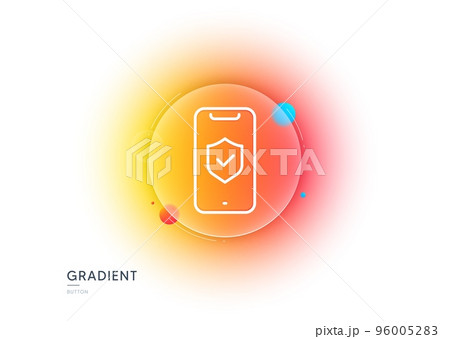 Phone protection line icon. Gradient blur button with glassmorphism. Cyber defence sign. Security shield symbol. Transparent glass design. Phone protection line icon. Vector 96005283