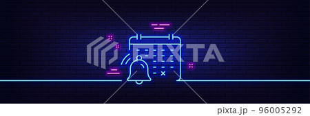 Neon light glow effect. Notification calendar line icon. Bell alarm reminder sign. Alarm clock symbol. 3d line neon glow icon. Brick wall banner. Notification calendar outline. Vector 96005292