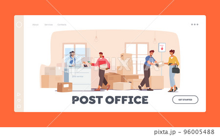 People in Post Office, Postal Service Landing Page Template. People Send Parcels, Throw Letter in Mail Box 96005488