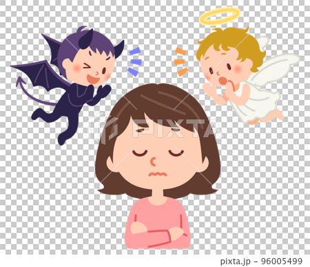 天使と悪魔に囁かれて考え込む女性 96005499