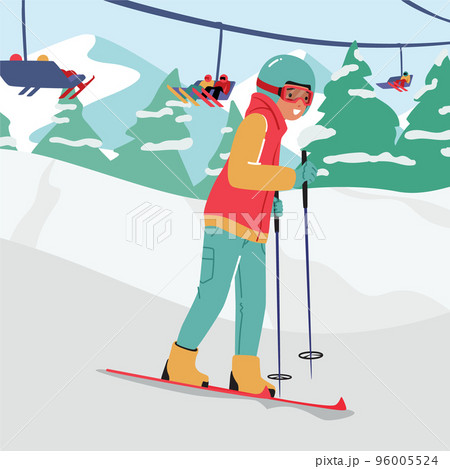 Teen Boy Skiing at Mountain Resort with Ropeway. Child Wear Sportive Costume, Helmet and Goggles Going Downhill by Skis 96005524