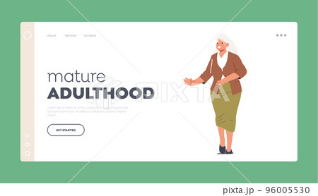Mature Adulthood Landing Page Template. Senior Female Character Wear Blouse and Skirt. Mature Positive Grandmother 96005530