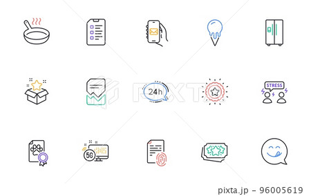 Difficult stress, Dog certificate and 5g internet line icons for website, printing. Collection of Winner star, Corrupted file, Frying pan icons. Mail app, Fingerprint, Ice cream web elements. Vector 96005619