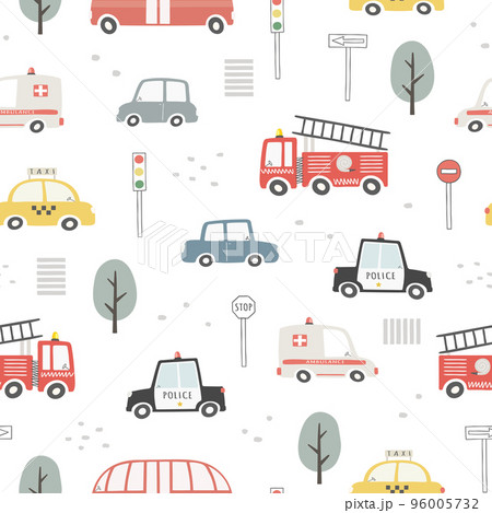 Seamless pattern with cute cars, traffic lights and traffic signs. Seamless pattern with cute cars, traffic lights and traffic signs. 96005732