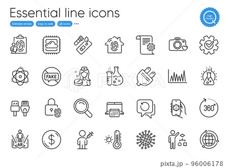 Computer cables, Fingerprint and Weather thermometer line icons. Collection of Technical documentation, Calendar, Augmented reality icons. Nurse, Chemistry lab, 3d app web elements. Vector 96006178