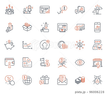 Finance icons set. Included icon as Credit card, Innovation and World money web elements. Budget, Bitcoin project, Web report icons. Market seller, Sale gift, Salary employees web signs. Vector 96006228