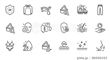 Outline set of Pants, Serum oil and Problem skin line icons for web application. Talk, information, delivery truck outline icon. Include Collagen skin, Moisturizing cream, Hoody icons. Vector 96006265