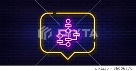 Neon light speech bubble. Block diagram line icon. Path scheme sign. Algorithm symbol. Neon light background. Block diagram glow line. Brick wall banner. Vector 96006276