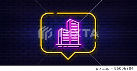 Neon light speech bubble. Skyscraper buildings line icon. City architecture sign. Town symbol. Neon light background. Skyscraper buildings glow line. Brick wall banner. Vector Neon light speech bubble. Skyscraper buildings line icon. City architecture sign. Town symbol. Neon light background. Skyscraper buildings glow line. Brick wall banner. Vector 96006384