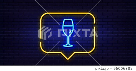 Neon light speech bubble. Wine glass line icon. Burgundy glass sign. Neon light background. Wineglass glow line. Brick wall banner. Vector 96006385