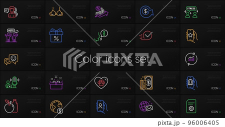 Set of User call, Dollar exchange and Update data line icons. Include Present box, Global business, Discount offer icons. Difficult stress, Apple, Bra web elements. Favorite app. Vector 96006405