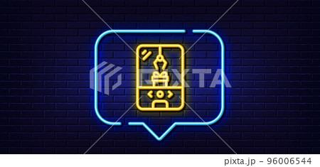 Neon light speech bubble. Crane claw machine line icon. Amusement park sign. Carousels symbol. Neon light background. Crane claw machine glow line. Brick wall banner. Vector 96006544