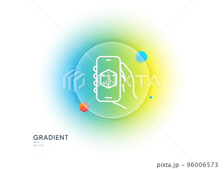 3d app line icon. Gradient blur button with glassmorphism. Hand hold phone sign. Cellphone with screen notification symbol. Transparent glass design. 3d app line icon. Vector 96006573
