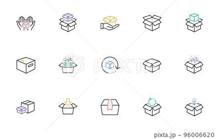 Box line icons. Package, delivery boxes, cargo box. Cargo distribution, export boxes, return parcel icons. Shipment of goods, open package. Linear set. Bicolor outline web elements. Vector Box line icons. Package, delivery boxes, cargo box. Cargo distribution, export boxes, return parcel icons. Shipment of goods, open package. Linear set. Bicolor outline web elements. Vector 96006620