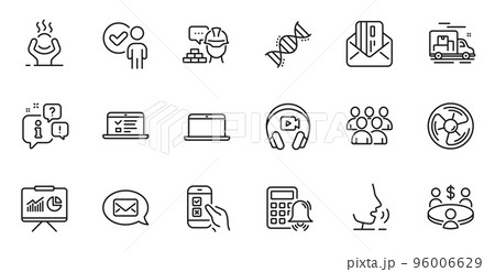 Outline set of Calculator alarm, Meeting and Presentation line icons for web application. Talk, information, delivery truck outline icon. Vector 96006629