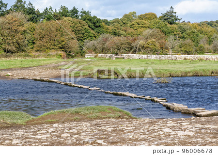 Old stepping stones to cross Ewenny River at Ogmore Castle 96006678