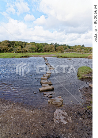 Old stepping stones to cross Ewenny River at Ogmore Castle 96006694