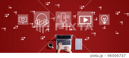 Podcast theme with person working with laptop 96006787