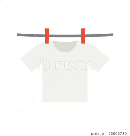 Clothes dries after washing. Clean t-shirt hanging on rope with clothespins on white background. 96006789